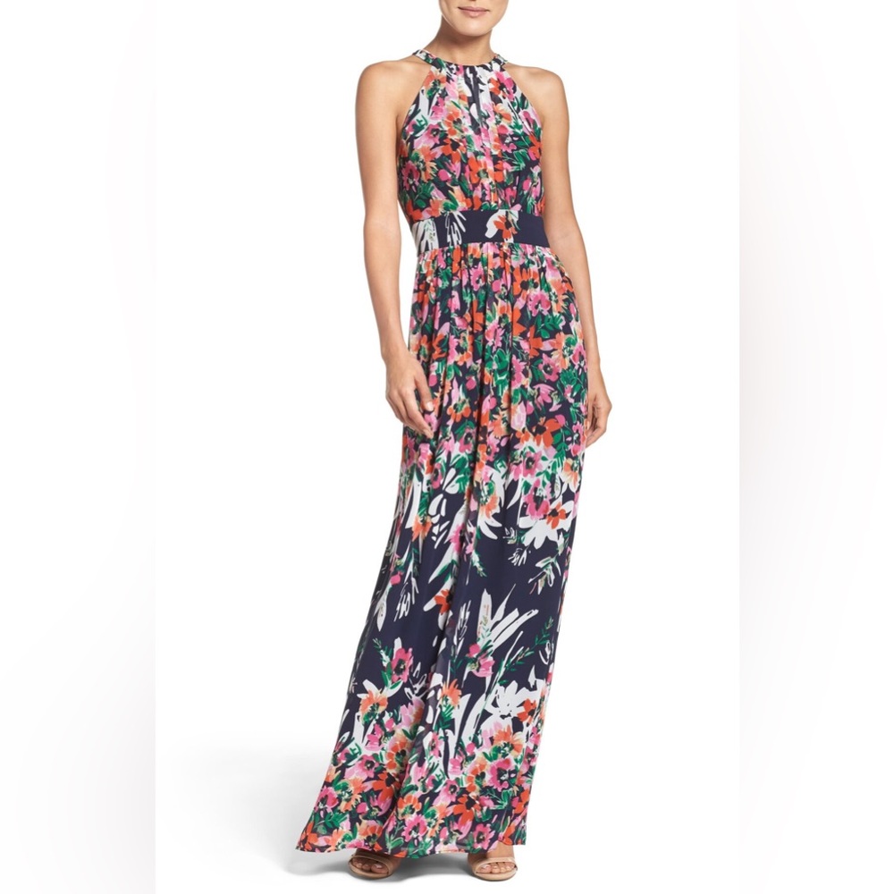 Eliza J Floral Garden Chiffon Halter Maxi Dress.  Floor length & Stunning!